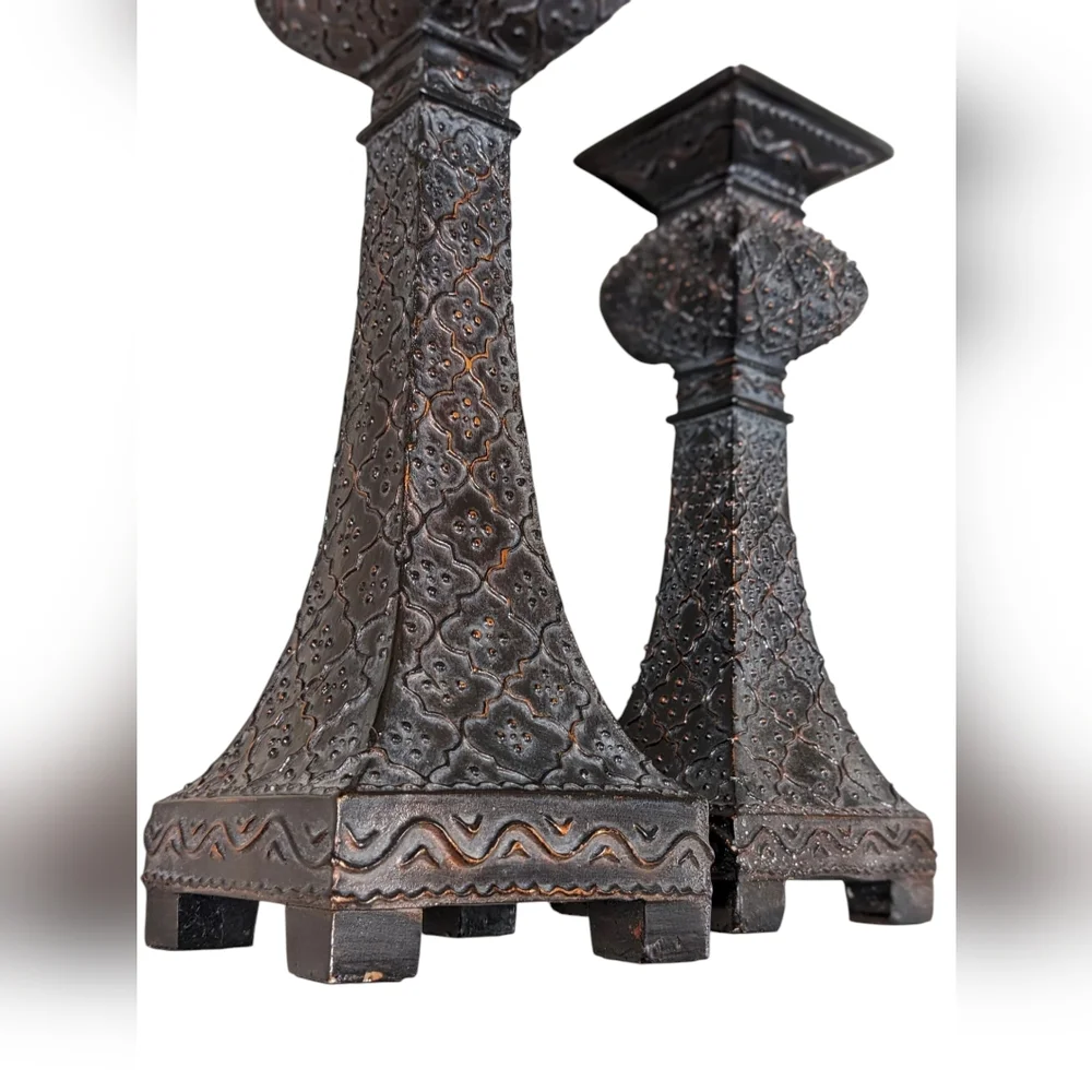 Vintage Restoration Hardware Hammered Bronze Pillar Candle Holders & Candles - Picture 6 of 11